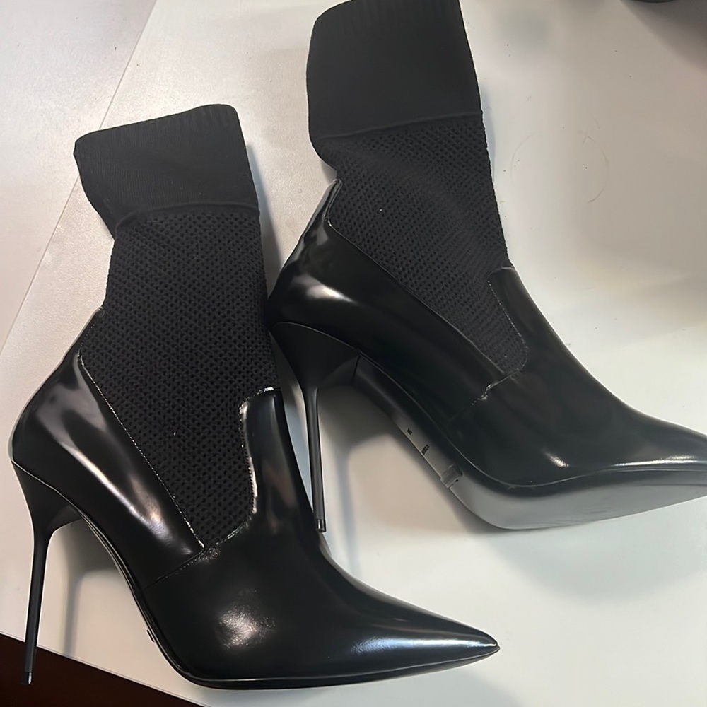 Burberry Gloss Leather and Stretch Knit Sock Boots